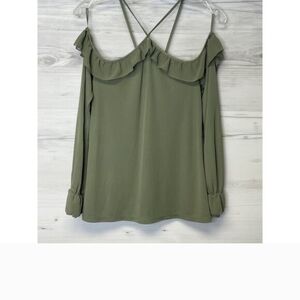 White House Black Market Olive Green Cold-Shoulder Ruffle Blouse